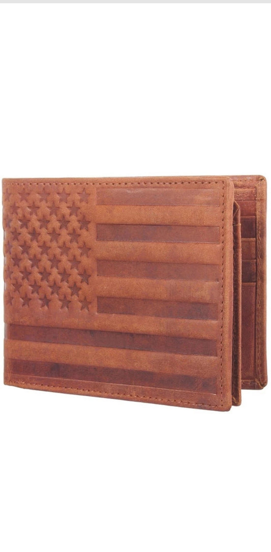 Brown American Flag Leather Men's Wallet – Distinctive Patriotic Design | Premium Genuine Leather Wallet for Men with RFID Blocking | Compact and Durable Bifold Wallet for Everyday Use