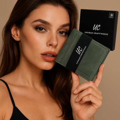 Green Suede Leather Wallet – Handmade by Unique Craftworks