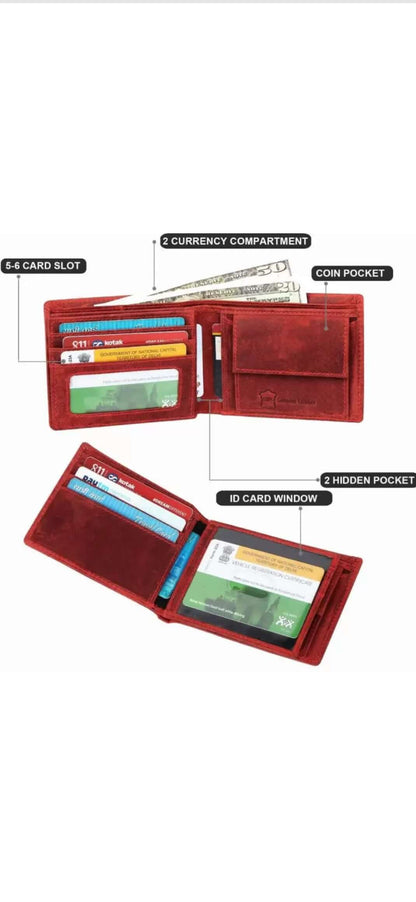 Red Genuine Leather Men's Wallet - Slim & Stylish Design for Everyday Use | Bi-Fold, RFID Blocking, Ample Storage, Durable Quality | Perfect Gift for Men