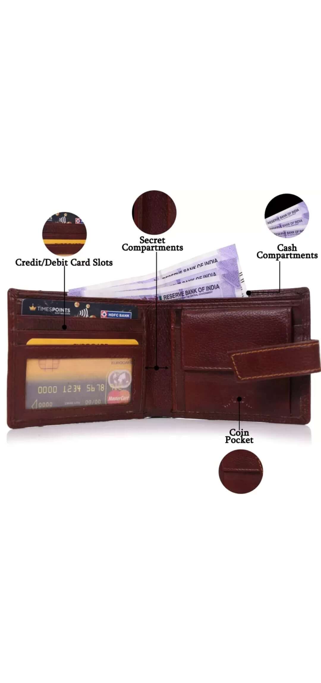 This image is for a listing on my shopify store, unique craftworks. this is a brown genuine leather wallet with multiple pockets, space for cards and strap for closure.