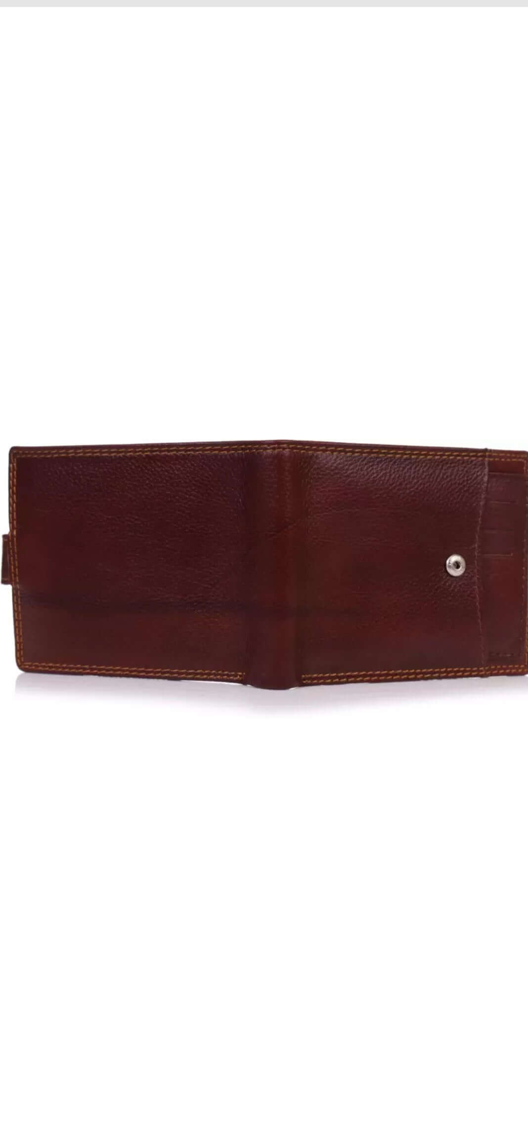 This image is for a listing on my shopify store, unique craftworks. this is a brown genuine leather wallet with multiple pockets, space for cards and strap for closure.