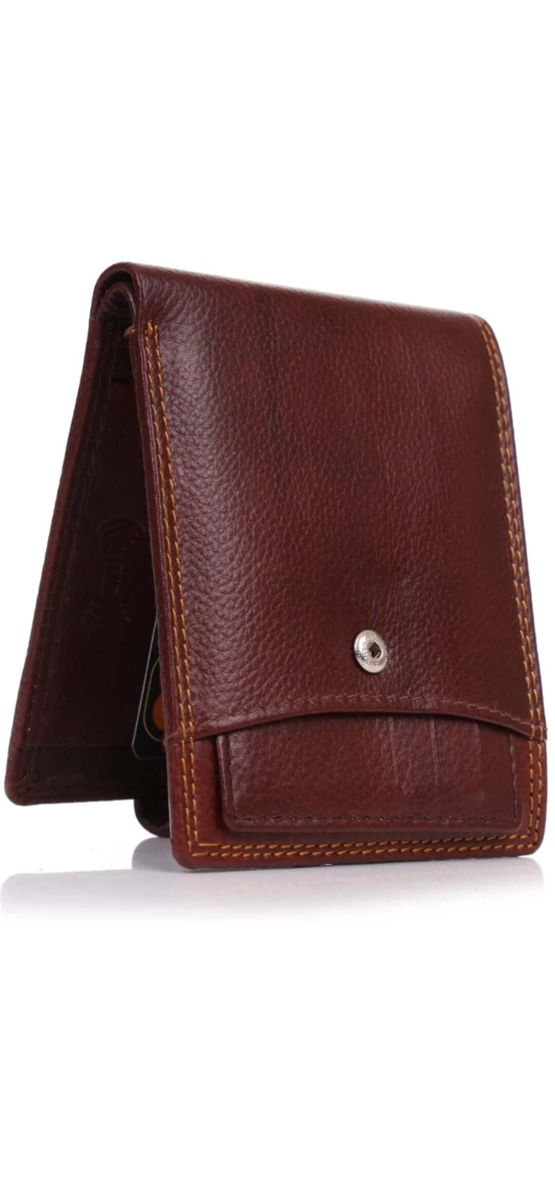 This image is for a listing on my shopify store, unique craftworks. this is a brown genuine leather wallet with multiple pockets, space for cards and strap for closure.