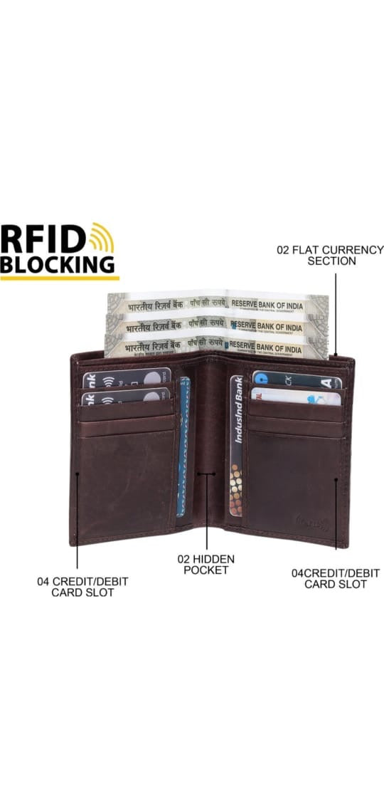Classic Brown Leather Multi-Pocket Wallet - Ample Storage for Cards, Cash & Coins | Durable, Stylish Bi-Fold Design with RFID Blocking | Ideal for Men’s Daily Use & Gifting