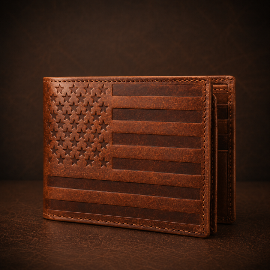 Brown American Flag Leather Men's Wallet – Distinctive Patriotic Design | Premium Genuine Leather Wallet for Men with RFID Blocking | Compact and Durable Bifold Wallet for Everyday Use